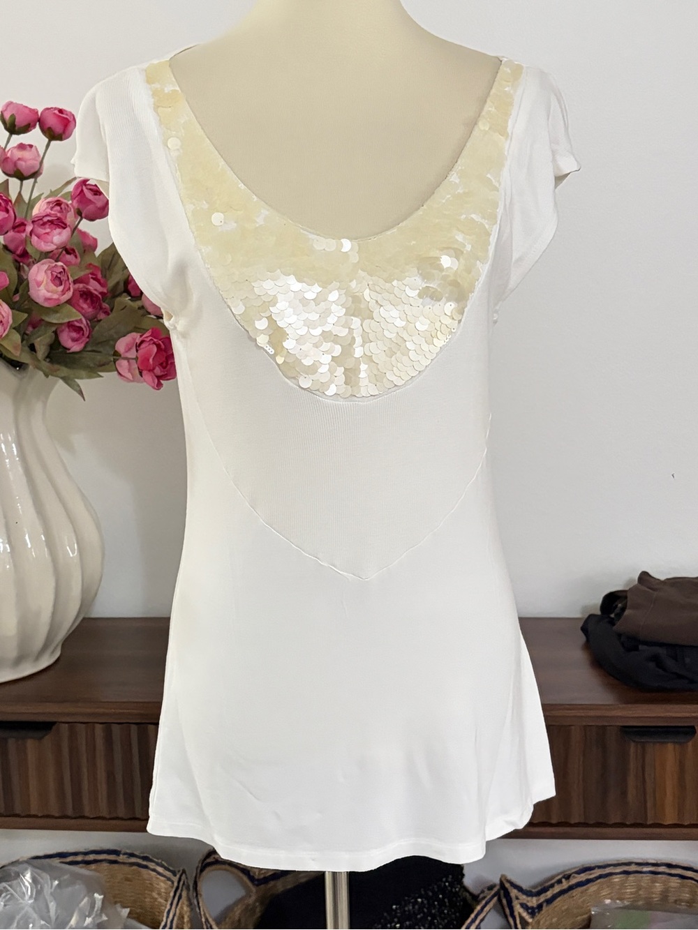Vertigo Paris White Short Sleeve Top with Ivory Sequin Scoop
